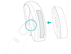 Illustration of the clip and tracker with an arrow showing how to insert the tracker through the opening of the clip